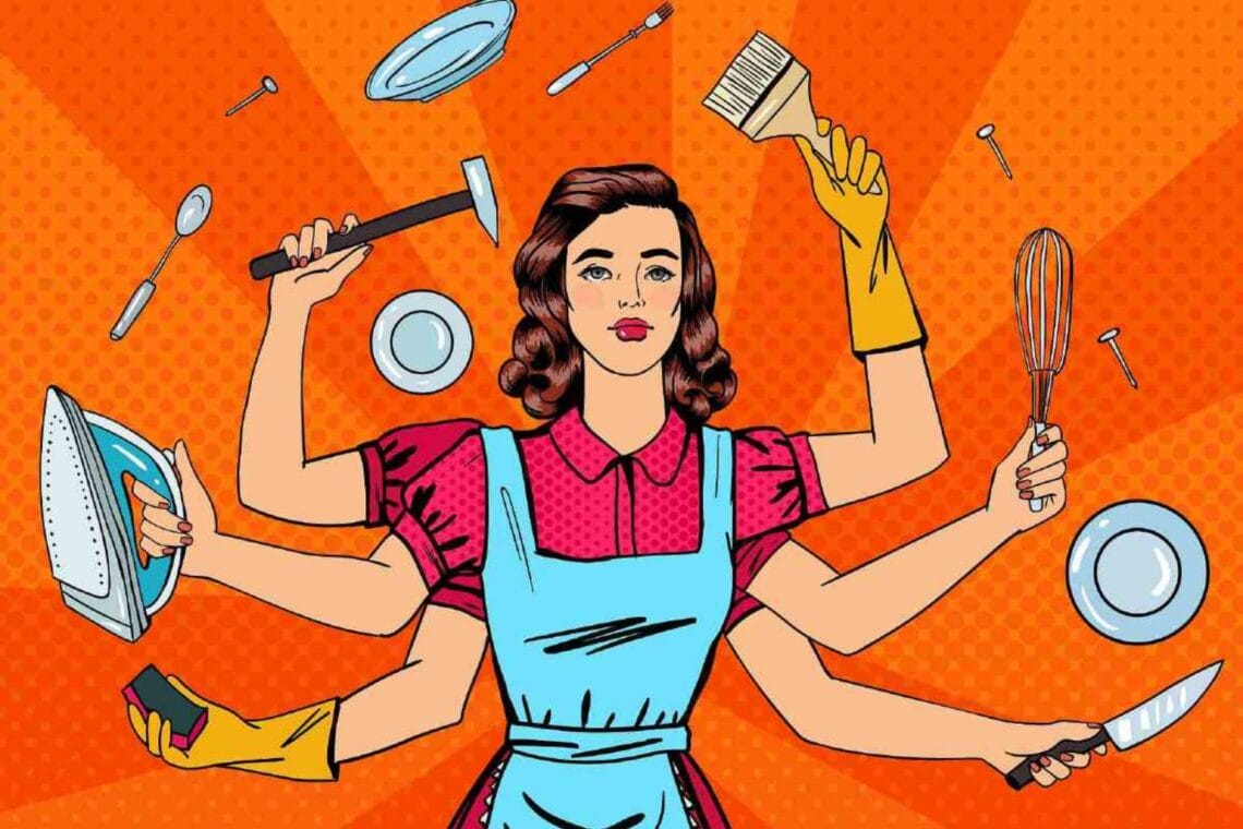 Frau, die mit sechs Armen unterschiedliche Haushaltsgegenstände jongliert. - Wie viel arbeite ich? Mental Load + Care-Arbeit + Erwerbsarbeit