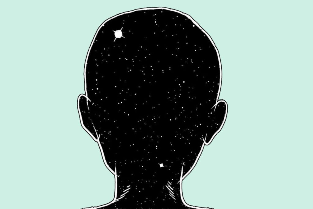 Illustration eines Kinderkopfes mit einem Universum im Gehirn. Hilfe und Tipps für Eltern von Kindern mit ADHS
