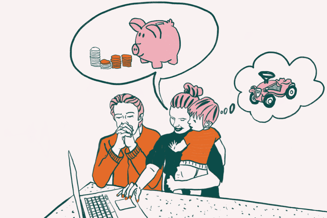 Illustration Vater, Mutter und Kind vor Laptop. In einer Sprechblase sind ein Sparschwein und Münzen. Budget für die Familie in 5 Schritten.