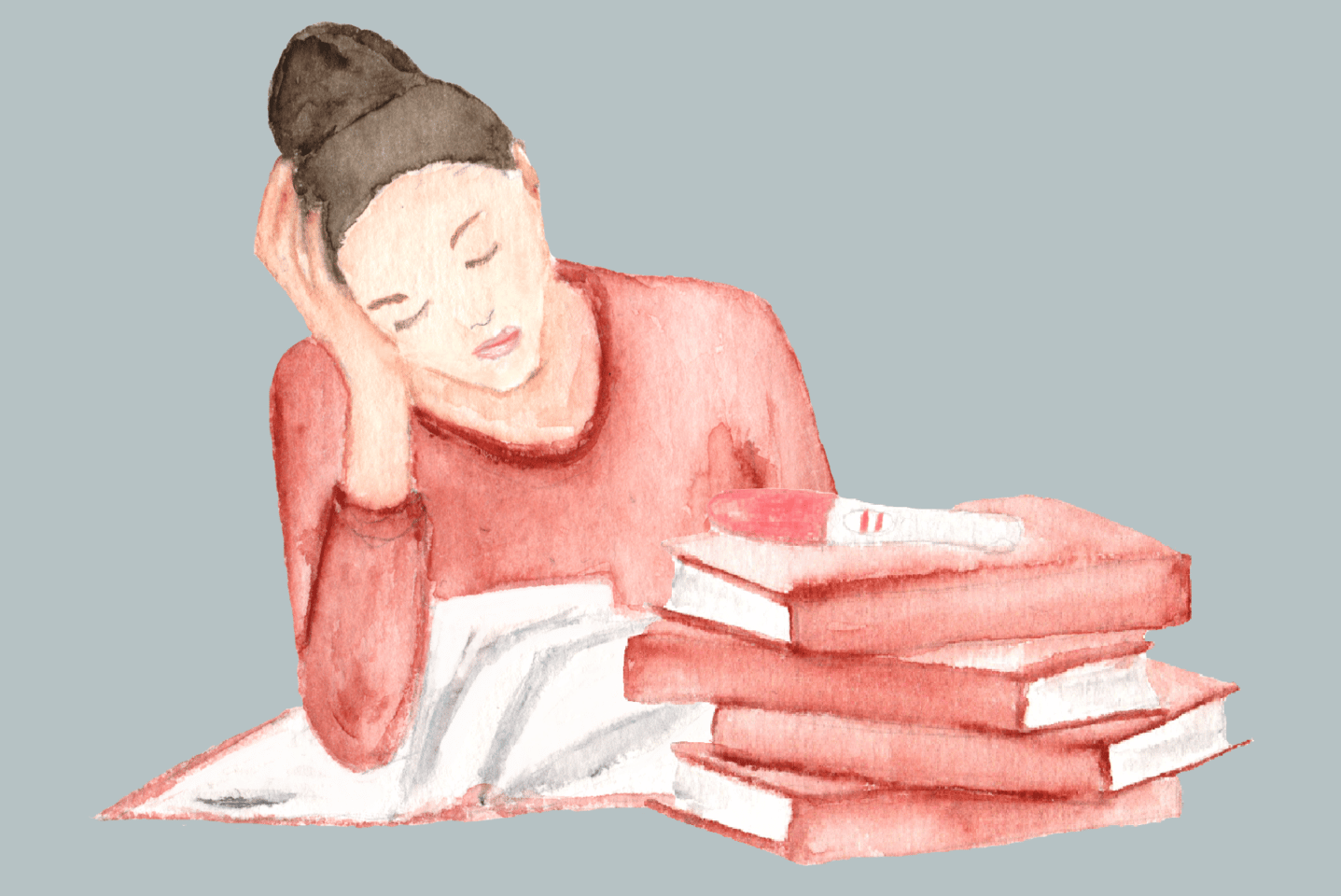 Zeichnung einer jungen Frau, die sich über Schulbücher beugt; darauf liegt ein positiver Schwangerschaftstest. - Ungeplant schwanger mit 16