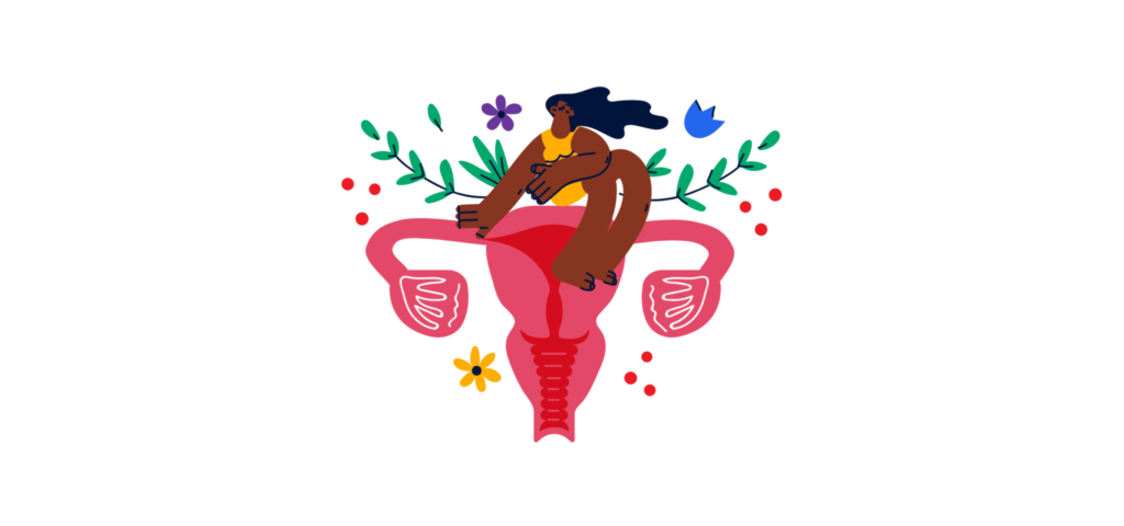 Illustration einer Frau die auf einer Gebärmutter und Eierstöcken sitzt. Iona schreibt in diesem persönlichen Text, wie sie sich entgegen ihrer Annahme zur Abtreibung entschieden hat.