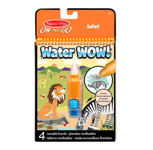 Das wiederverwendbare Wasser-Malbuch Safari. Alleine durch die Kraft des Wassers erwachen farblose Bilder zum bunten Leben.
