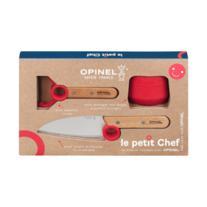 Das Starter Set für kleine Köche. Bestehend aus Küchenmesser mit abgerundeter Klingenspitze, Sparschäler und Fingerschutz.