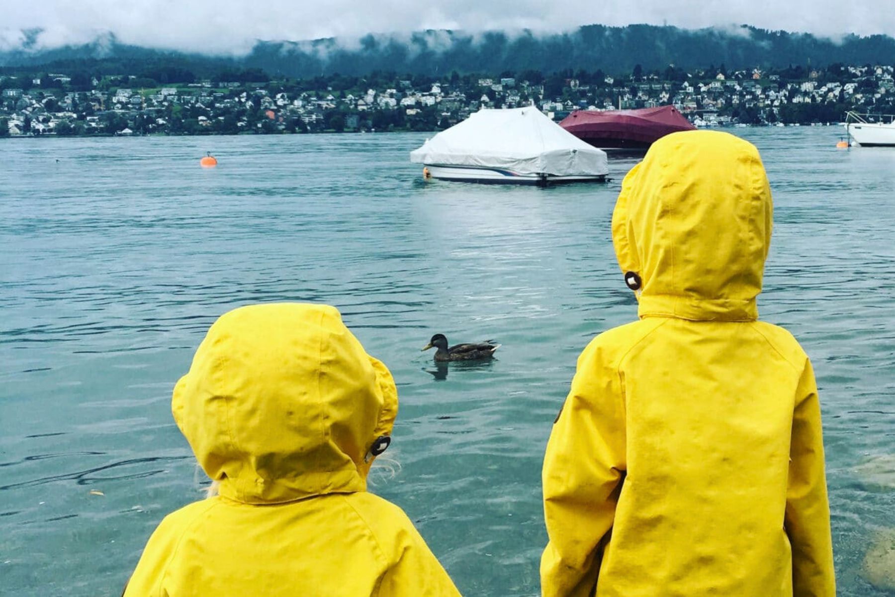Zwei Kinder in gelben Regenmänteln schauen auf einen See, am Horizont graue Wolken. Zürich mit Kindern bei Regen - was tun? Die besten Tipps