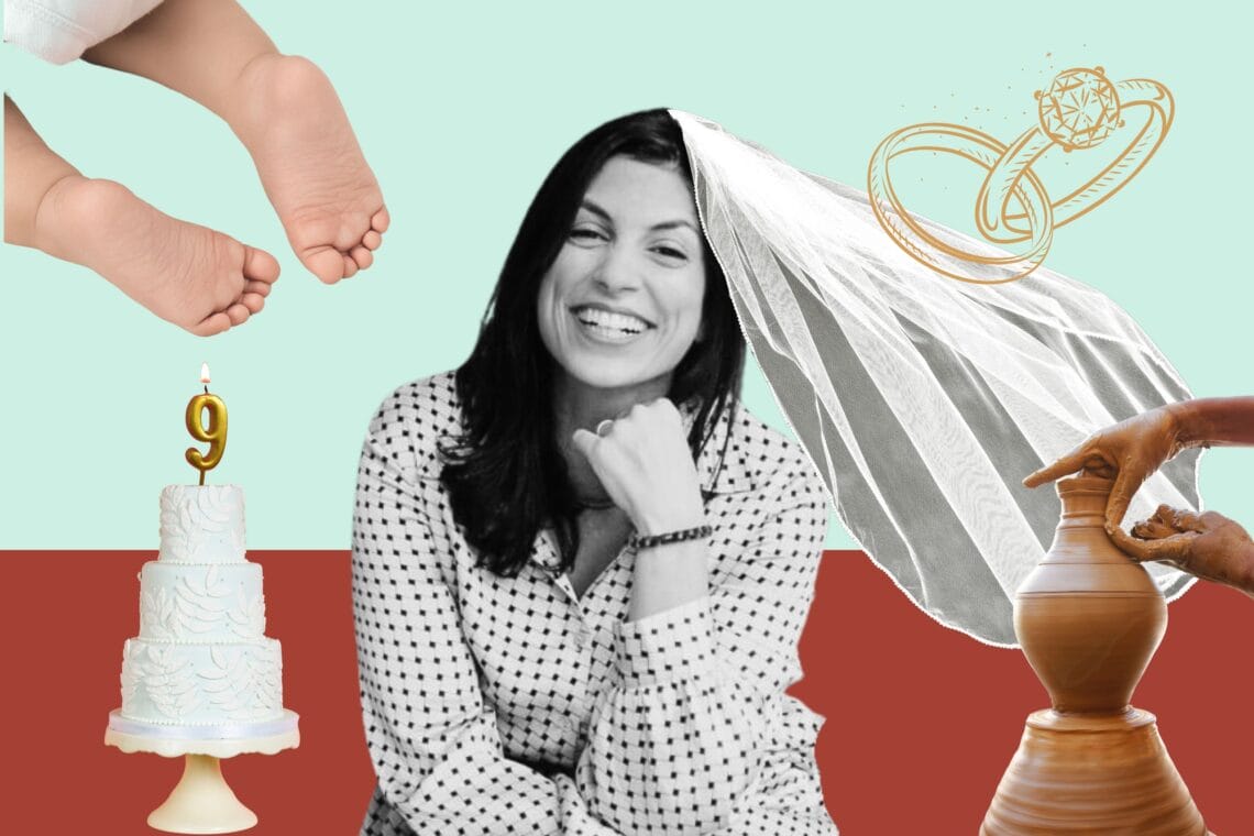 Eine Collage mit Olivia El Sayed, einer Hochzeitstorte, Eheringen, Babyfüssen und Händen beim Töpfern.