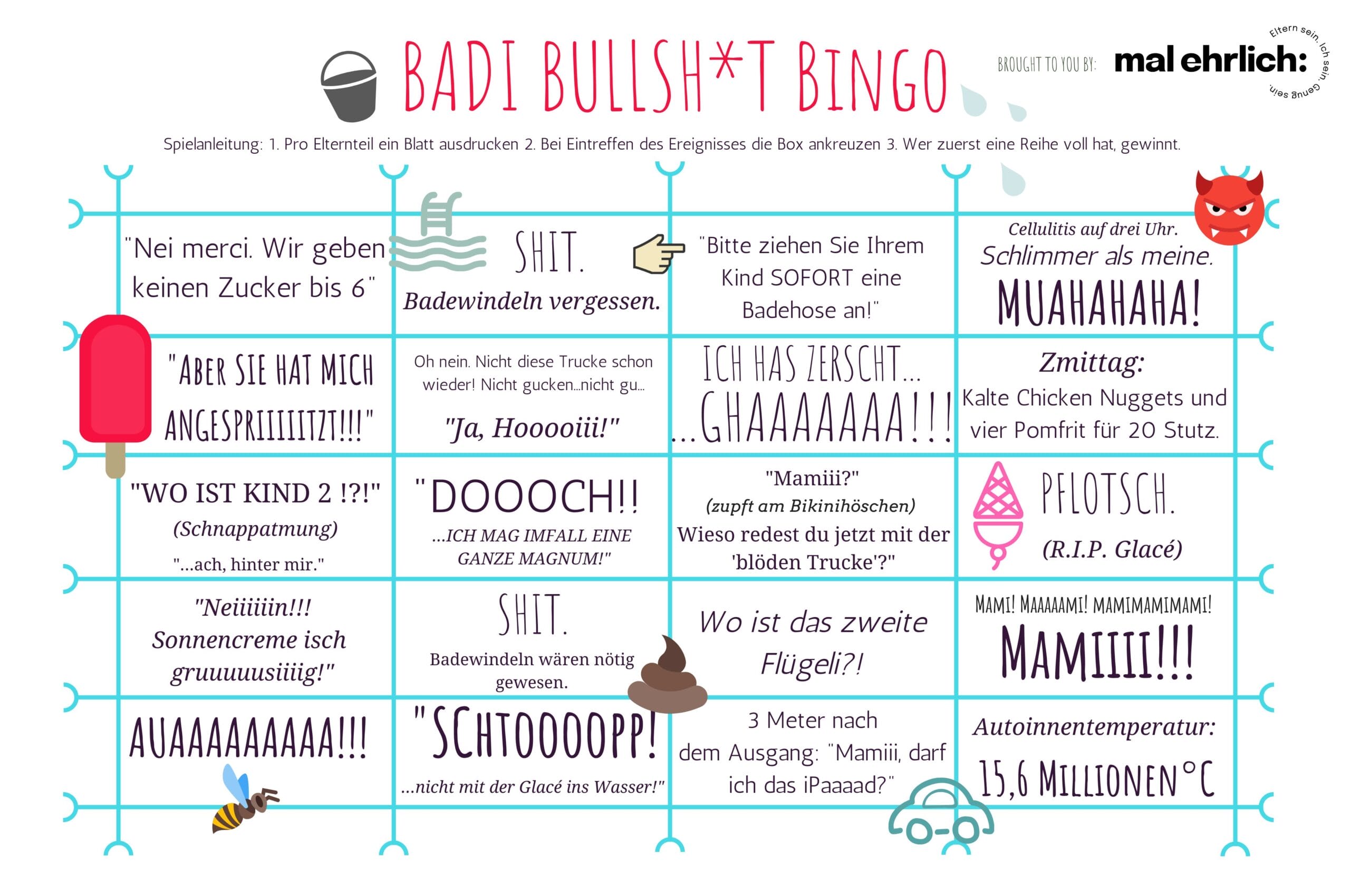 Badi Bullsh*t Bingo - was uns Eltern so alles im Freibad erwartet. Ausdrucken und Ankreuzen, es wird lustig!