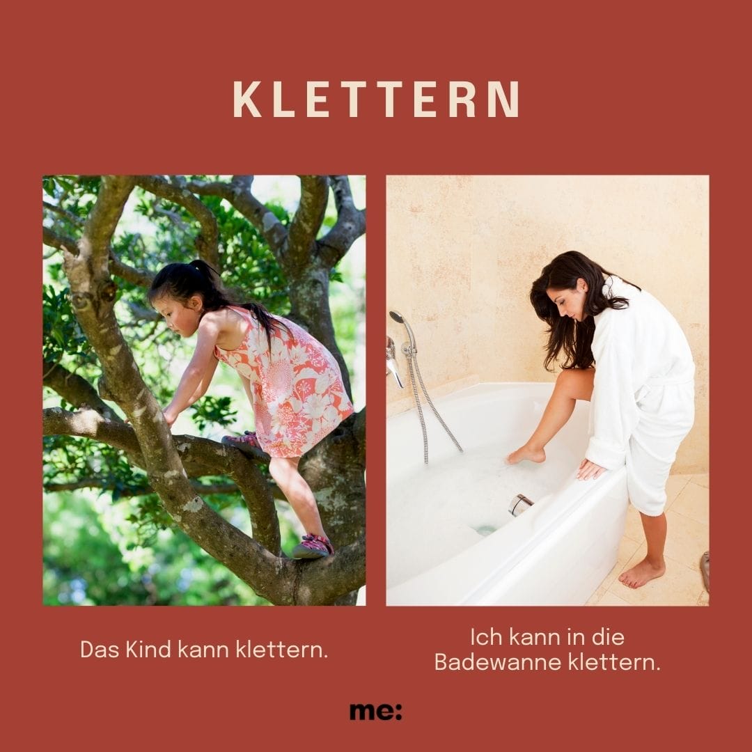 Kind klettert in einem Baum, Mutter klettert in die volle Badewanne. Kindergarten-Voraussetzungen vs. Eltern-Benefits – Gegenüberstellung.
