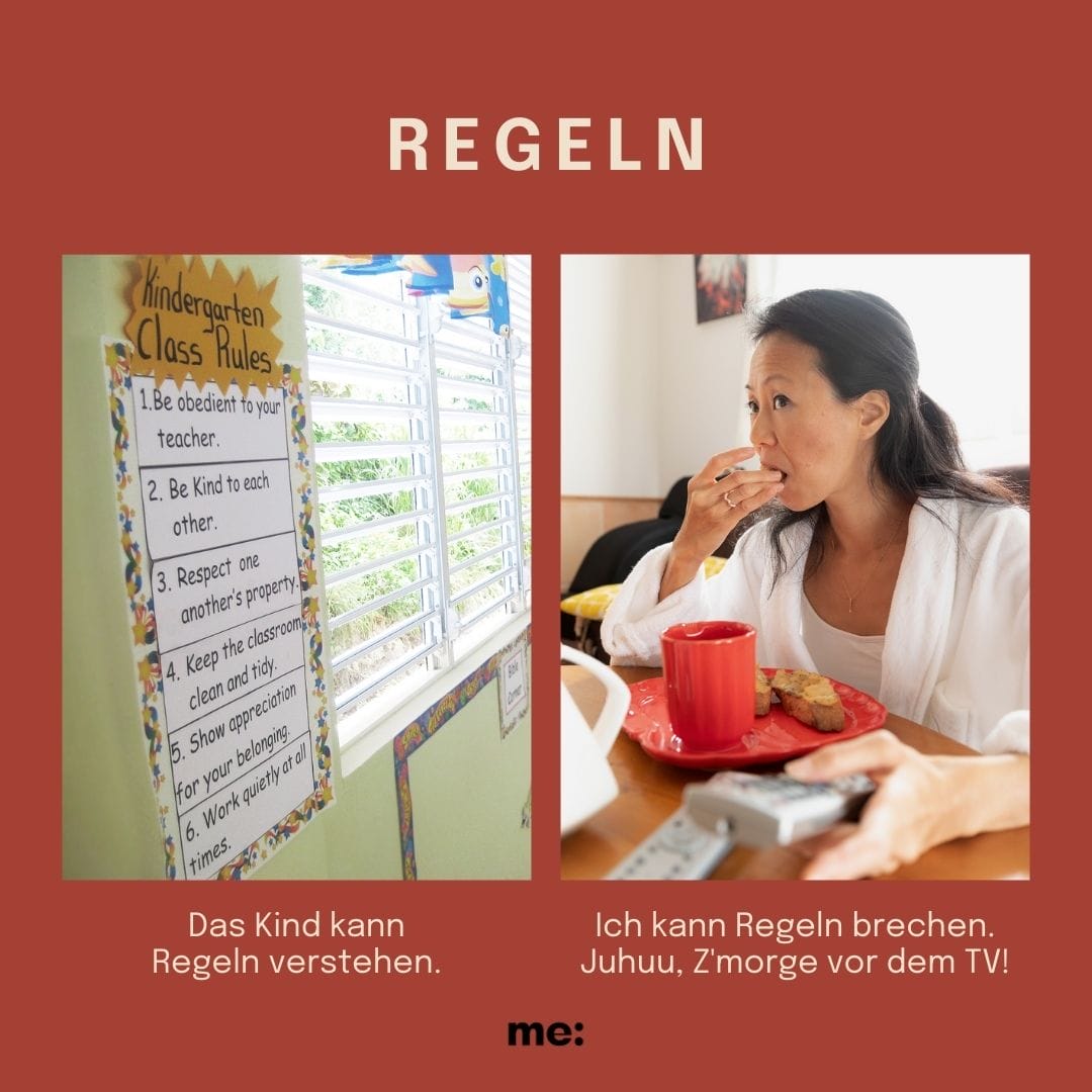 Schild mit "Kindergarten Class Rules". Mutter sitzt mit Frühstück vor dem Fernseher. Kindergarten-Voraussetzungen vs. Eltern-Benefits.