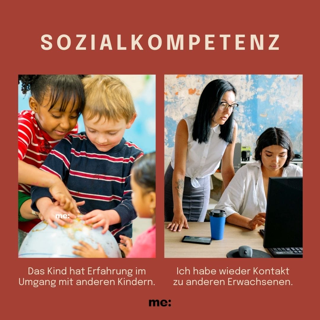 Drei Kinder betrachten einen Globus. Zwei Frauen betrachten einen Laptopbildschirm. Kindergarten-Voraussetzungen vs. Eltern-Benefits.