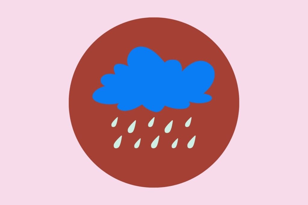 Illustration einer Wolke mit Regentropfen - Tipps für Ausflüge + Aktivitäten mit Kindern bei Regenwetter in Zürich, Bern, Basel, Luzern/Zug.