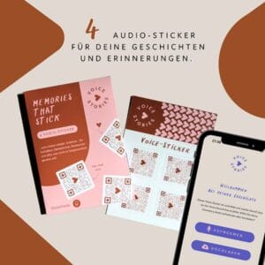 Voicestories Mini sind personalisierbare Audio-Sticker im kleinen Format – perfekt, um Sprachnachrichten auf Postkarten, Geschenken oder in Fotoalben kreativ und emotional festzuhalten.