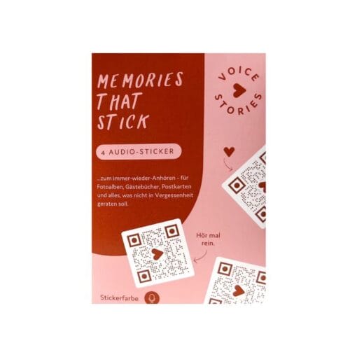Voicestories Mini sind personalisierbare Audio-Sticker im kleinen Format – perfekt, um Sprachnachrichten auf Postkarten, Geschenken oder in Fotoalben kreativ und emotional festzuhalten.