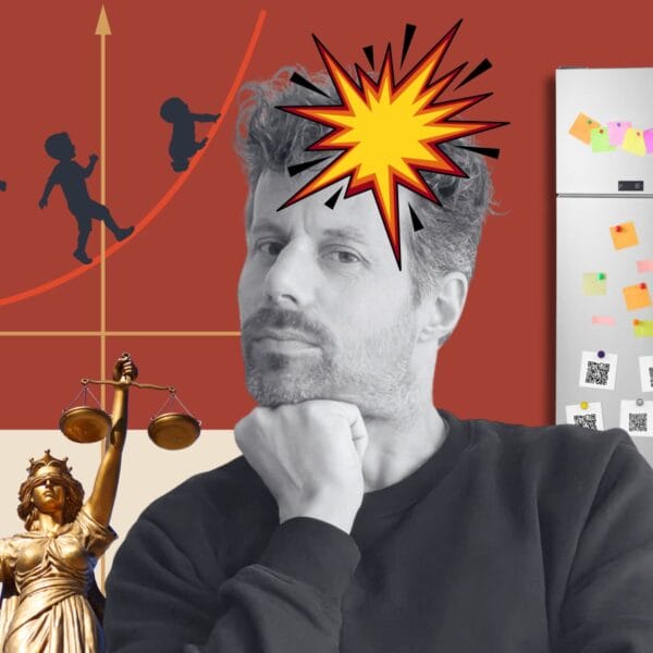 Collage mit Porträt von Kolumnist Markus Tschannen mit Kühlschrank, Justitia, drei Kindern und exponentiell wachsendem Mental Load.