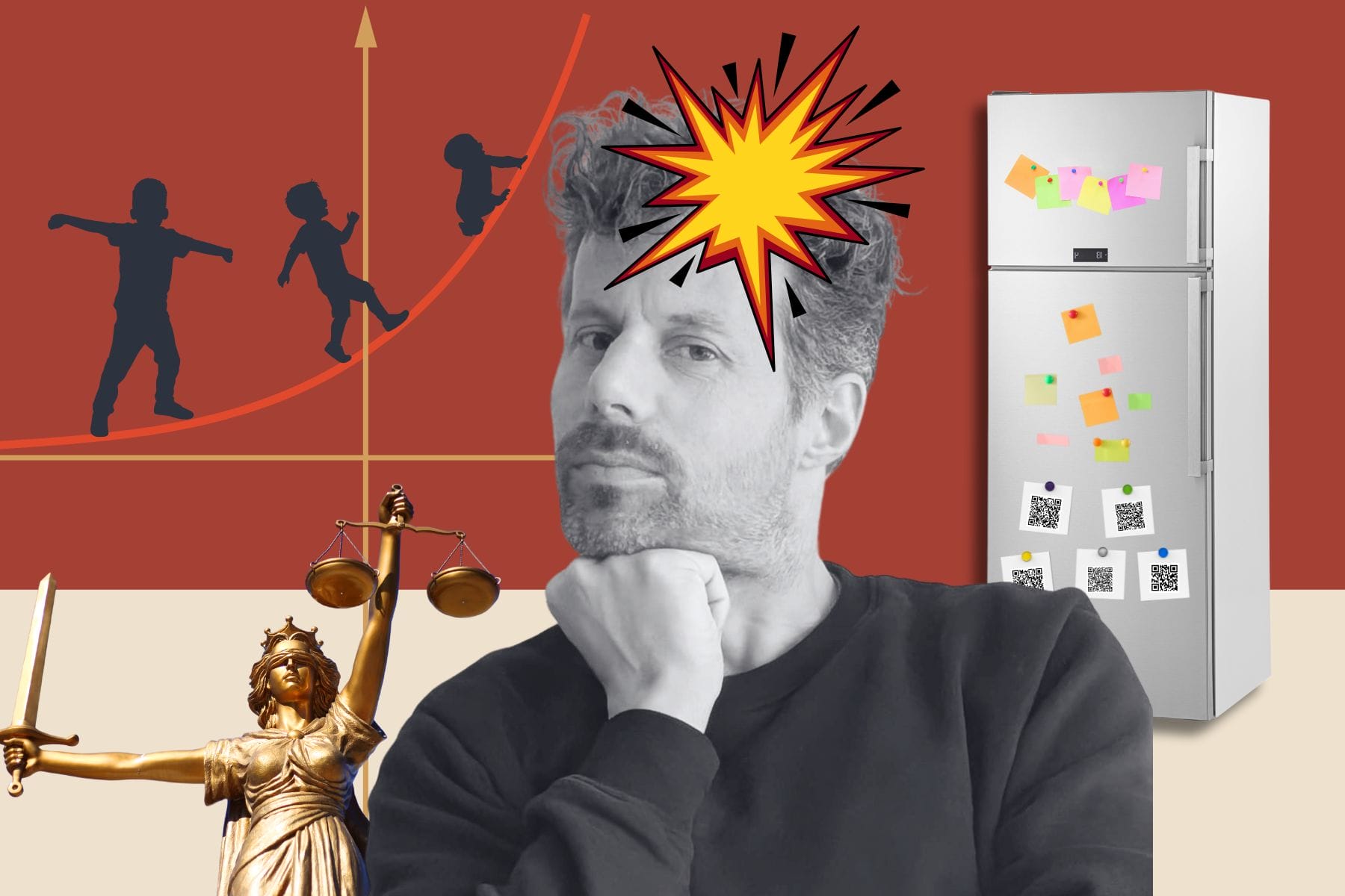 Collage mit Porträt von Kolumnist Markus Tschannen mit Kühlschrank, Justitia, drei Kindern und exponentiell wachsendem Mental Load.