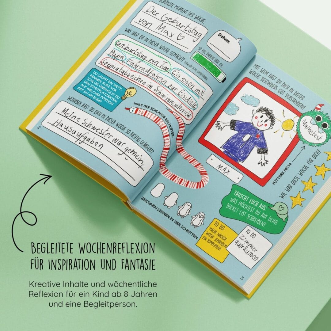 Dieses Journal für Kids lädt Kinder ein, ihren Alltag festzuhalten: kurze Fragen, Mini-Challenges und viel Platz zum Zeichnen, Schreiben und Entdecken. Es fördert Kreativität, Achtsamkeit und Schreibfreude.