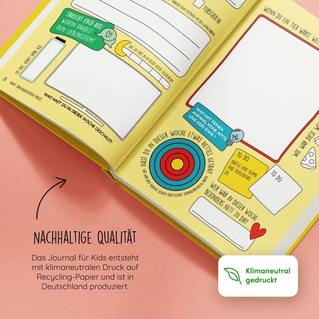 Dieses Journal für Kids lädt Kinder ein, ihren Alltag festzuhalten: kurze Fragen, Mini-Challenges und viel Platz zum Zeichnen, Schreiben und Entdecken. Es fördert Kreativität, Achtsamkeit und Schreibfreude.