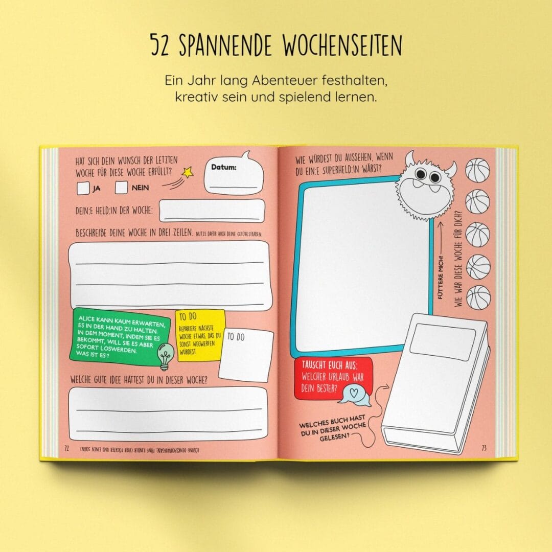 Dieses Journal für Kids lädt Kinder ein, ihren Alltag festzuhalten: kurze Fragen, Mini-Challenges und viel Platz zum Zeichnen, Schreiben und Entdecken. Es fördert Kreativität, Achtsamkeit und Schreibfreude.