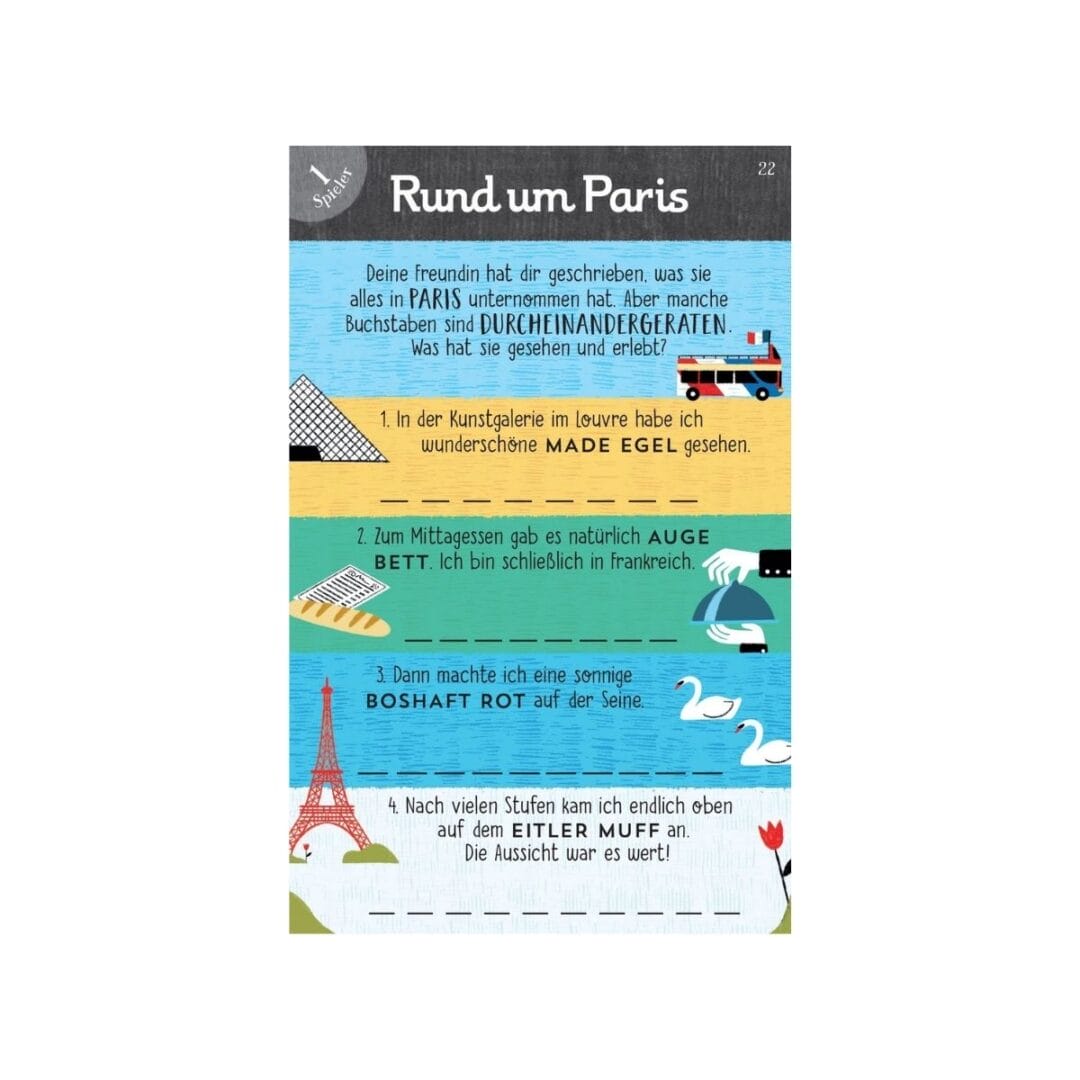 Entdecke unsere Auswahl an Knobeleien für Kinder im Urlaub. Perfekt für unterwegs: Rätsel, Spiele und kreative Beschäftigungsideen für die ganze Familie.