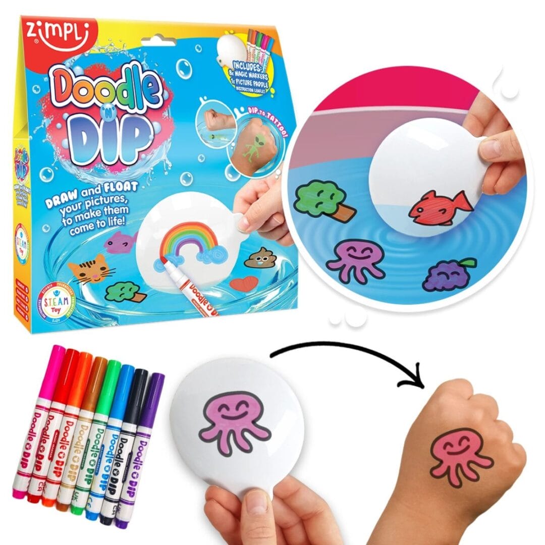 Kreatives Bastelset für Kinder: Mit dem Doodle N Dip eigene Zeichnungen zum Leben erwecken, schwimmen lassen und eintauchen – perfekt für Regentage und kreative Stunden.