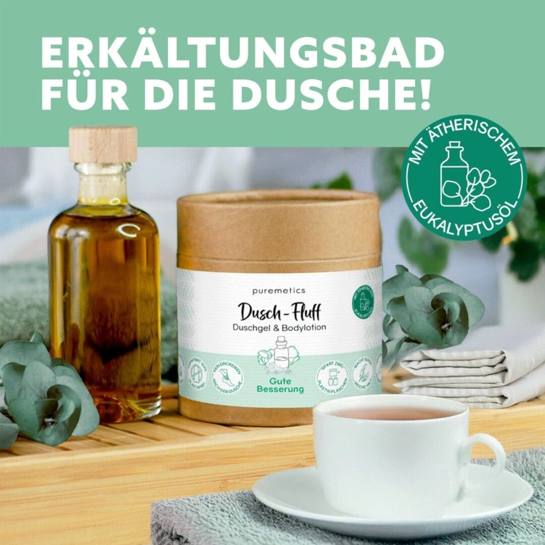 Wohltuender Dusch-Fluff mit Eukalyptusöl – hilft, bei Erkältung freier zu atmen und pflegt die Haut in einem Schritt.