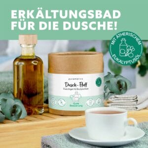 Wohltuender Dusch-Fluff mit Eukalyptusöl – hilft, bei Erkältung freier zu atmen und pflegt die Haut in einem Schritt.