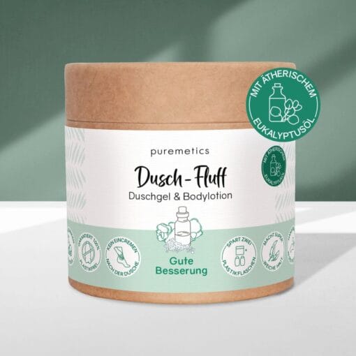Wohltuender Dusch-Fluff mit Eukalyptusöl – hilft, bei Erkältung freier zu atmen und pflegt die Haut in einem Schritt.