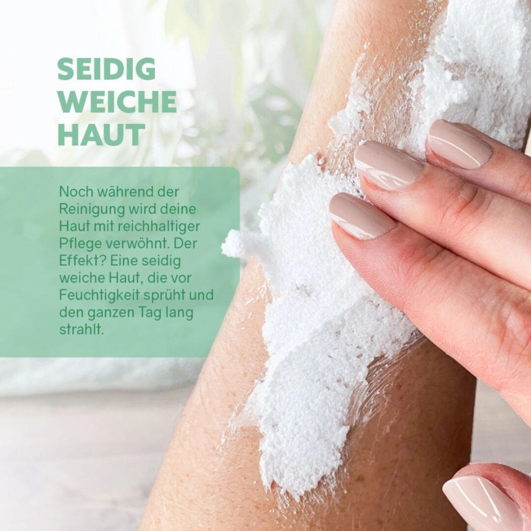 Wohltuender Dusch-Fluff mit Eukalyptusöl – hilft, bei Erkältung freier zu atmen und pflegt die Haut in einem Schritt.