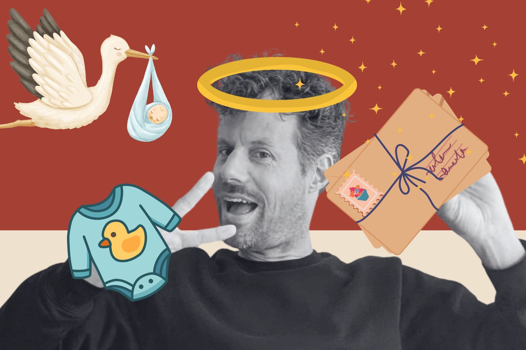 Collage mit Porträt von Kolumnist Markus Tschannen mit Storch, Engelschweif, Babybody einem Geburtskärtchen.