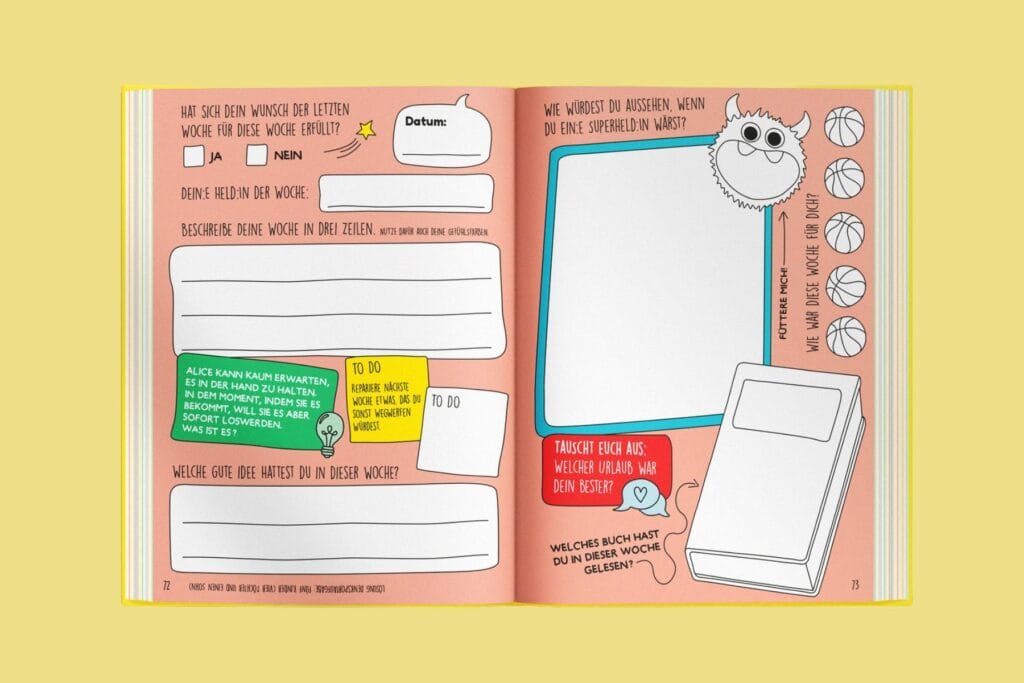 Dieses Journal für Kids lädt Kinder ein, auf einer Doppelseite pro Woche ihren Alltag festzuhalten. Ideal als Weihnachtsgeschenk.