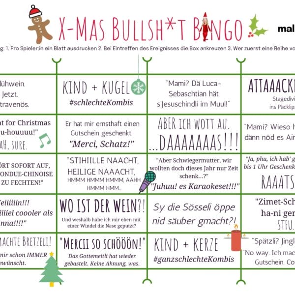 Xmas Bullsh*t Bingo für Eltern - für mehr Spass an Weihnachten! Ausdrucken und Ankreuzen, es wird lustig!
