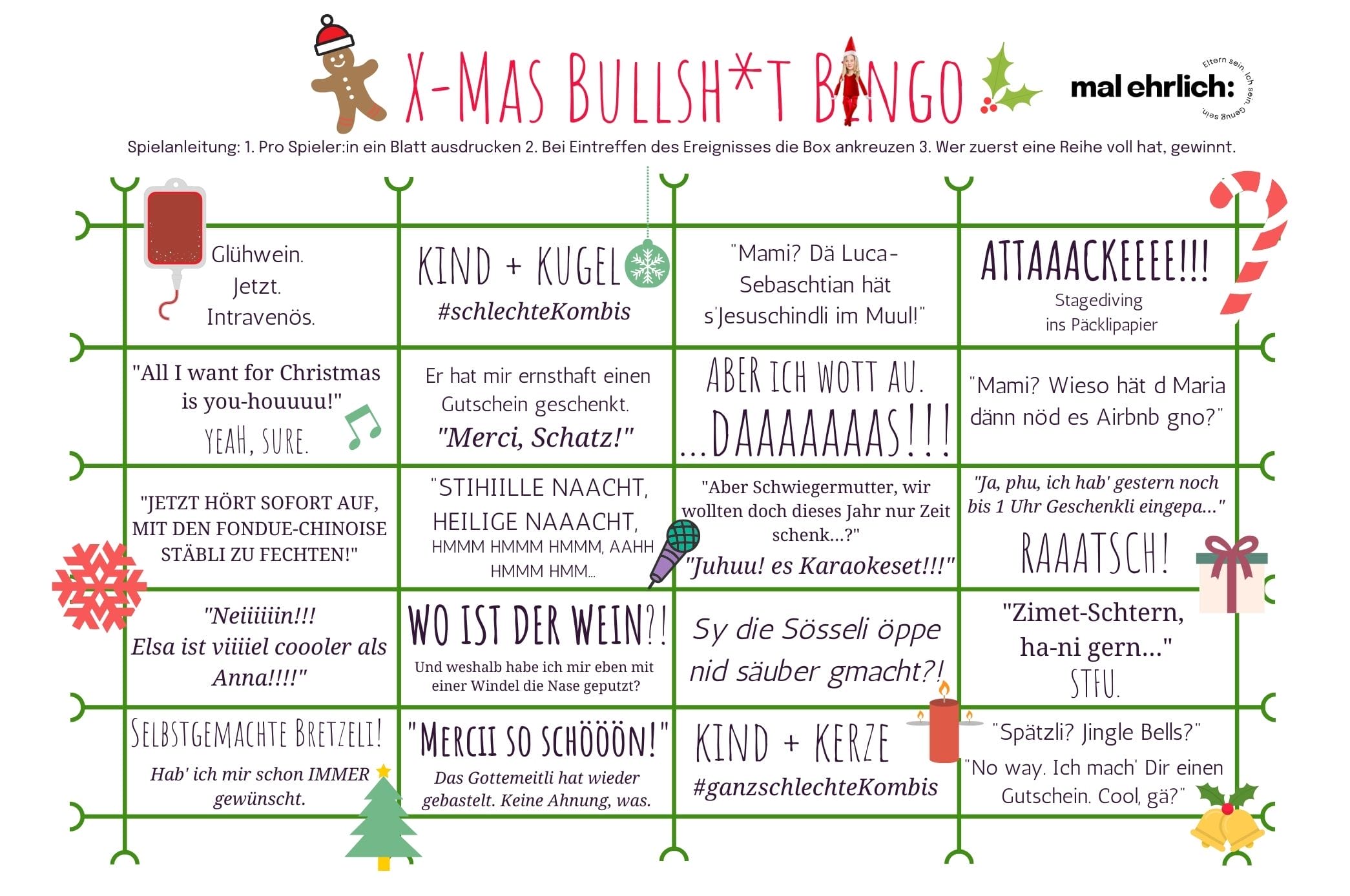 Xmas Bullsh*t Bingo für Eltern - für mehr Spass an Weihnachten! Ausdrucken und Ankreuzen, es wird lustig!