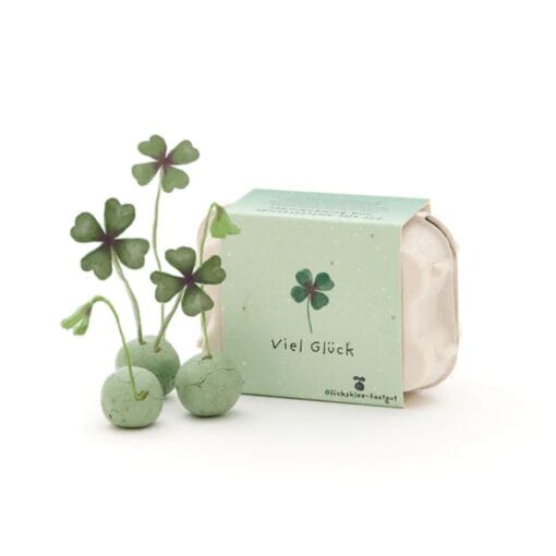 Die 6 grünen Blumenmurmeln im Mini-Eierkarton enthalten Glücksklee-Saatgut