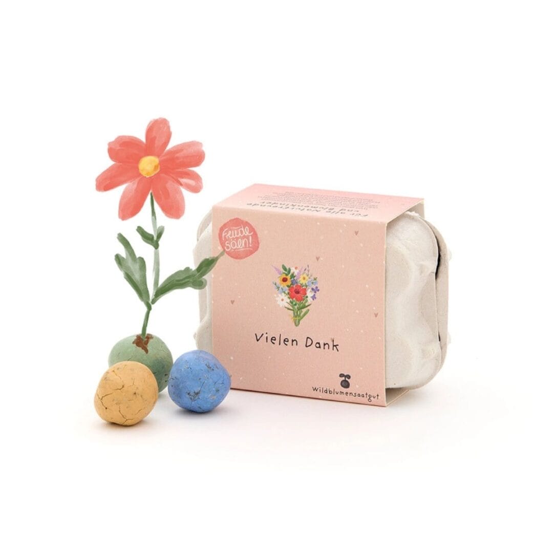 Die 6 grünen Blumenmurmeln im Mini-Eierkarton enthalten Wildblumen-Saatgut