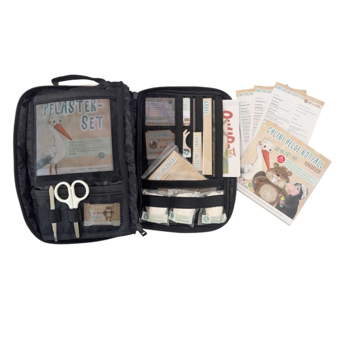 Das Notfallset für Kinder von chlini Helde beinhaltet alles, was es zur Erstversorgung von Wunden braucht.