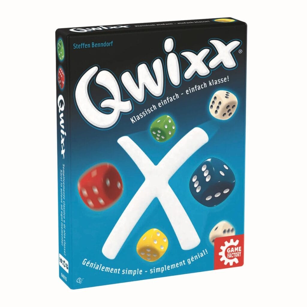 Kompaktes Würfelspiel Qwixx: Würfel, Spielblock und Stift für unterwegs. Ideal für Reisen, schnelle Spielrunden und cleveres Punkte sammeln für Kinder ab 8 Jahren.