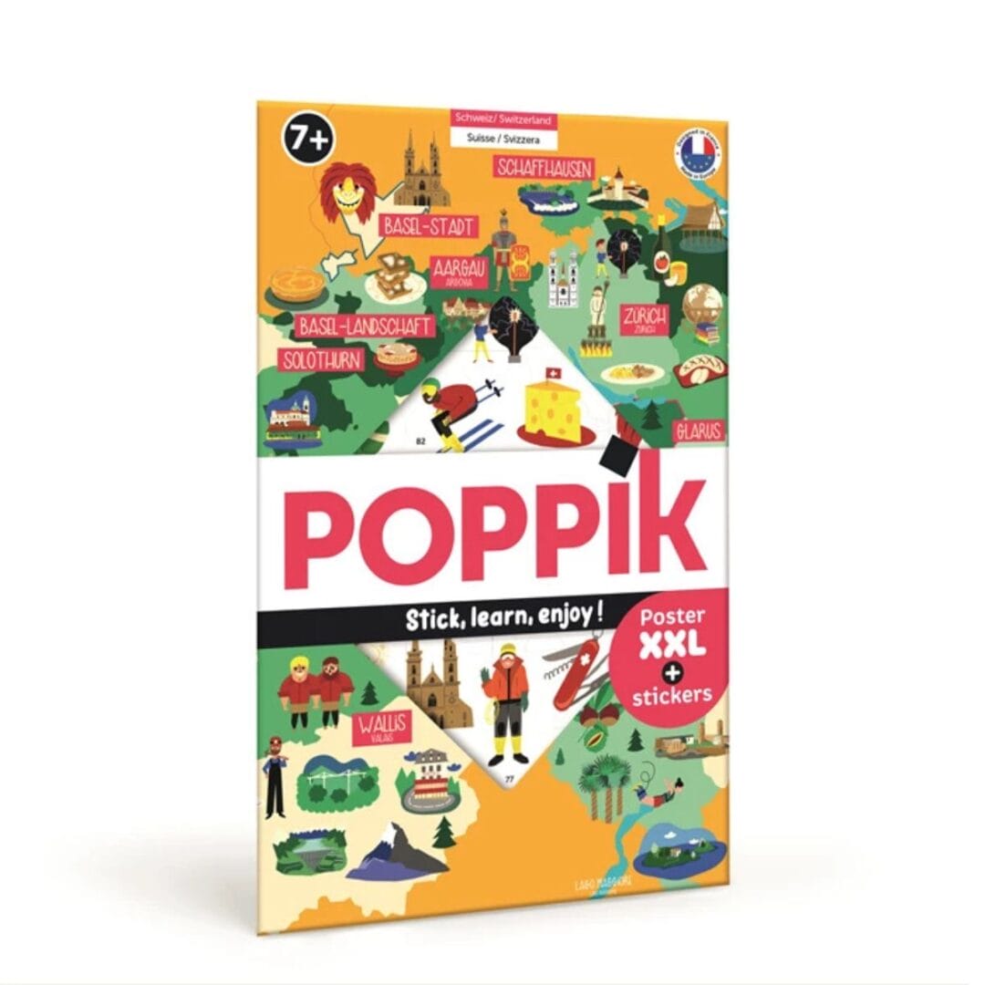 Farbenfrohes Sticker-Lernposter der Schweiz von Poppik, bei dem Kinder Kantone, Berge und Sehenswürdigkeiten auf die Karte kleben.