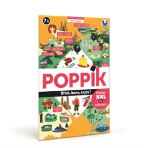 Farbenfrohes Sticker-Lernposter der Schweiz von Poppik, bei dem Kinder Kantone, Berge und Sehenswürdigkeiten auf die Karte kleben.