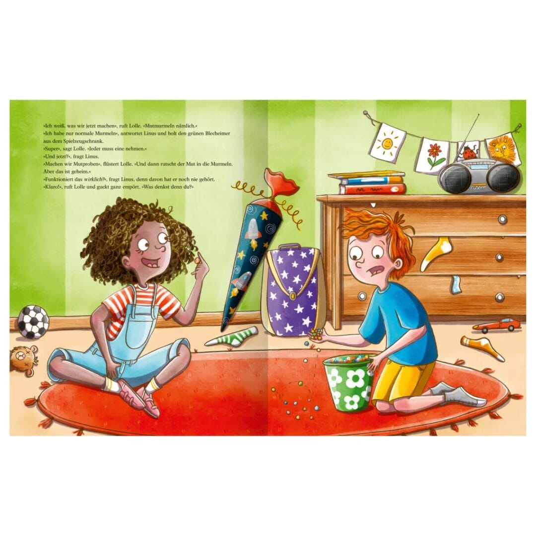 Bilderbuch zum Schulanfang: Lolle und Linus sammeln Mut in Murmeln, bevor es in die erste Klasse geht. Von Sarah Welk, ab 5 Jahren.