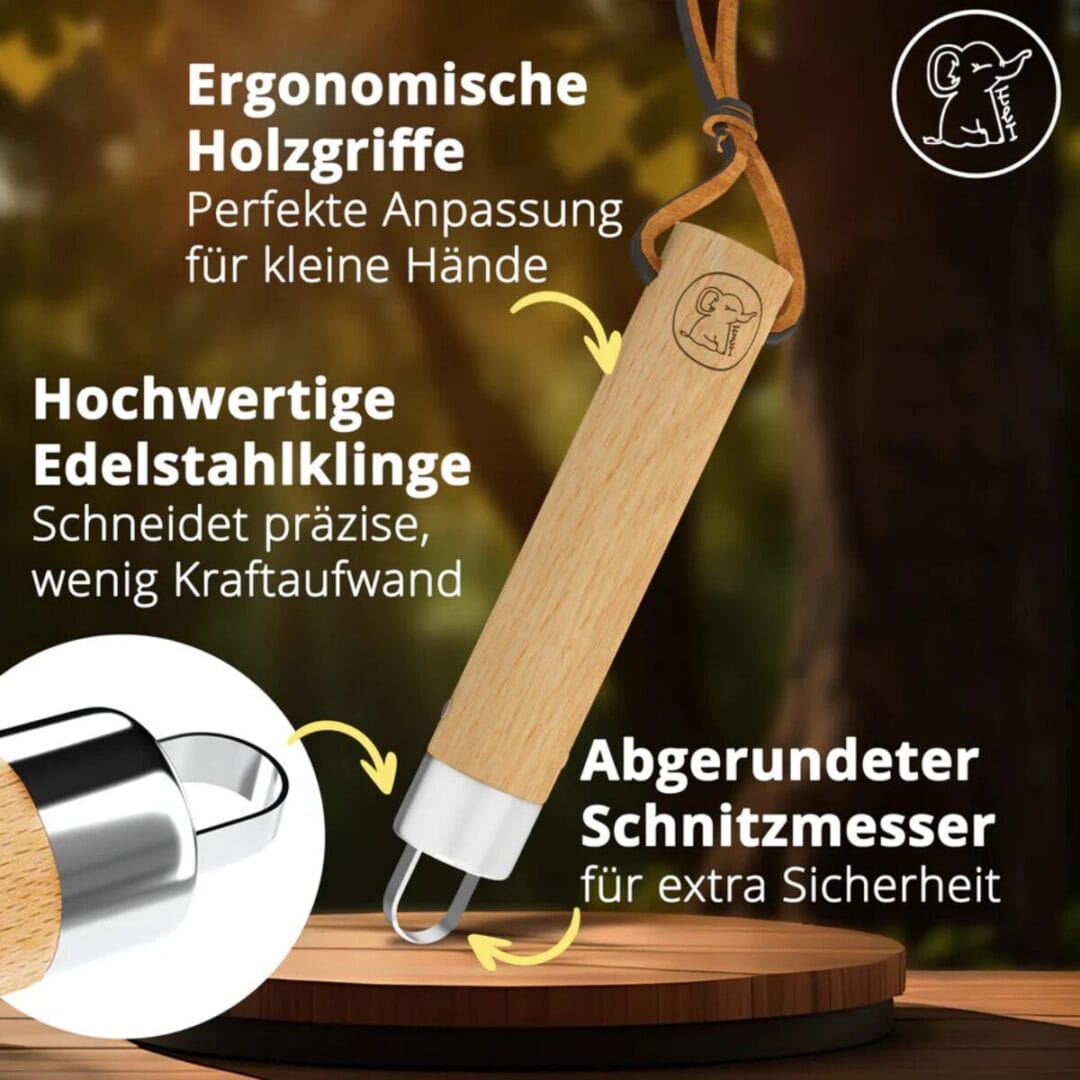 Schälmesser für Kinder ab 6 Jahren mit runder Klinge und Buchenholzgriff. Zum Schälen von Obst, für erste Schnitzversuche und Outdoor-Abenteuer.