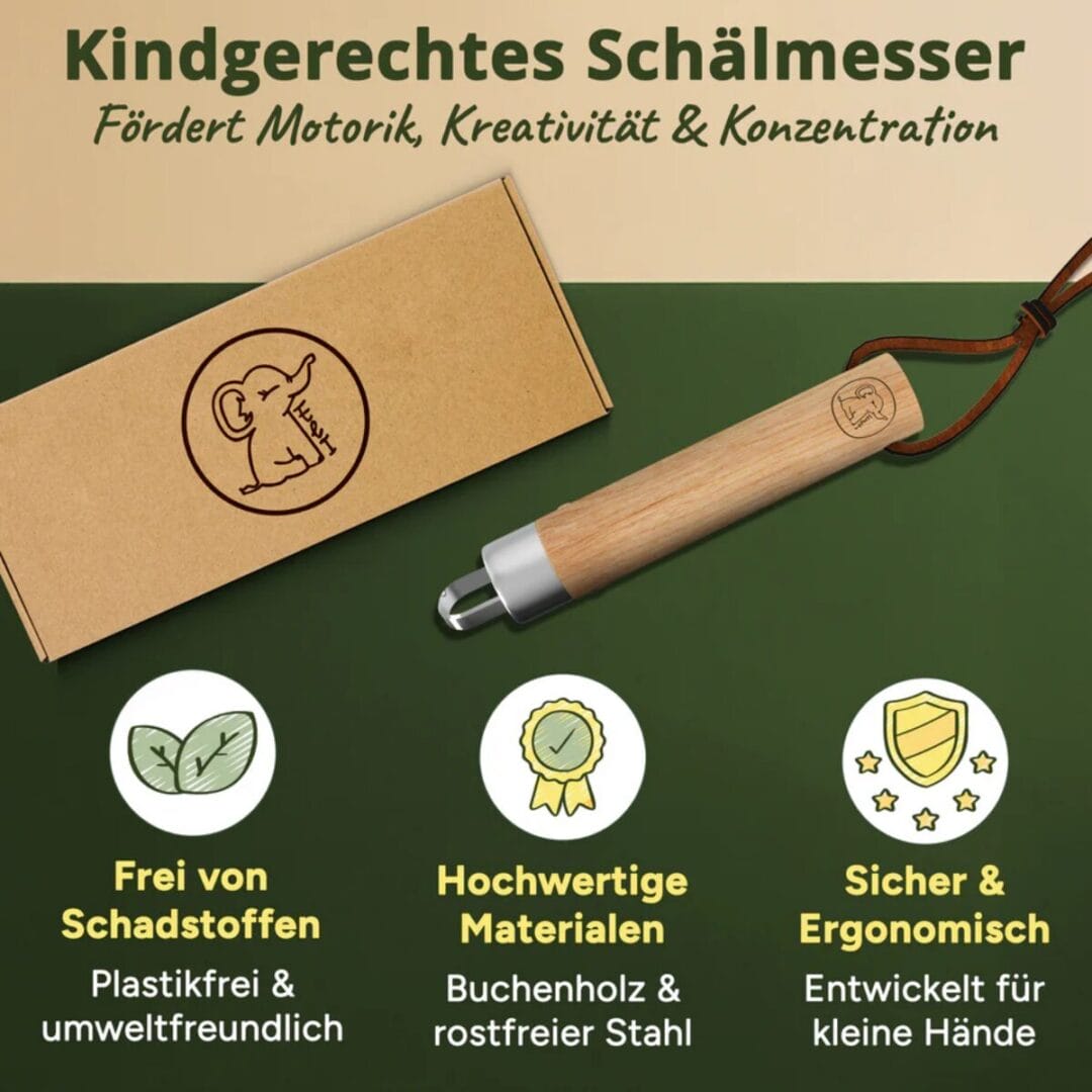 Schälmesser für Kinder ab 6 Jahren mit runder Klinge und Buchenholzgriff. Zum Schälen von Obst, für erste Schnitzversuche und Outdoor-Abenteuer.
