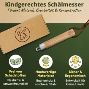 Schälmesser für Kinder ab 6 Jahren mit runder Klinge und Buchenholzgriff. Zum Schälen von Obst, für erste Schnitzversuche und Outdoor-Abenteuer.
