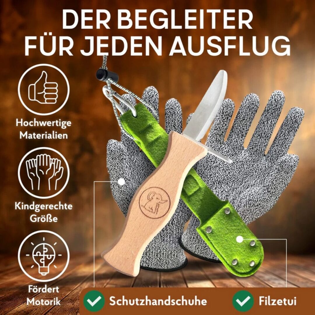 Schnitzmesser für Kinder ab 5 Jahren mit Filztasche, Handschuhen und runder Klinge. Spiel-Gut-Siegel. Sicherer Einstieg ins Schnitzen.