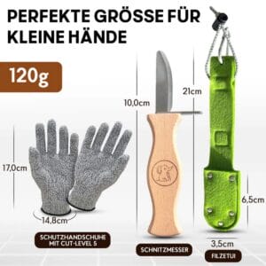 Schnitzmesser für Kinder ab 5 Jahren mit Filztasche, Handschuhen und runder Klinge. Spiel-Gut-Siegel. Sicherer Einstieg ins Schnitzen.