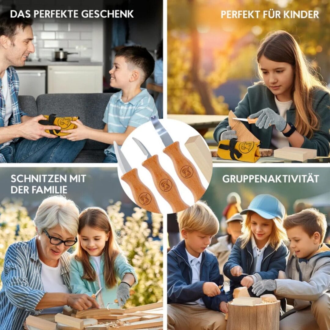 Schnitzmesser-Set für Kinder ab 6 Jahren: drei Messer, schnittfeste Handschuhe, Lindenholz zum Üben und wasserabweisende Tasche – alles in einem.