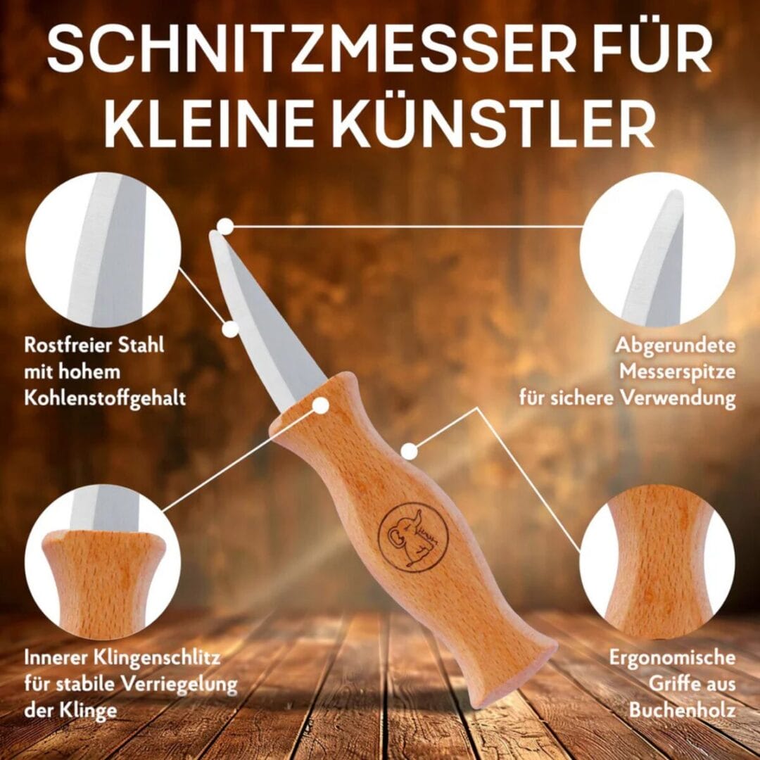Schnitzmesser-Set für Kinder ab 6 Jahren: drei Messer, schnittfeste Handschuhe, Lindenholz zum Üben und wasserabweisende Tasche – alles in einem.