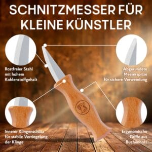 Schnitzmesser-Set für Kinder ab 6 Jahren: drei Messer, schnittfeste Handschuhe, Lindenholz zum Üben und wasserabweisende Tasche – alles in einem.