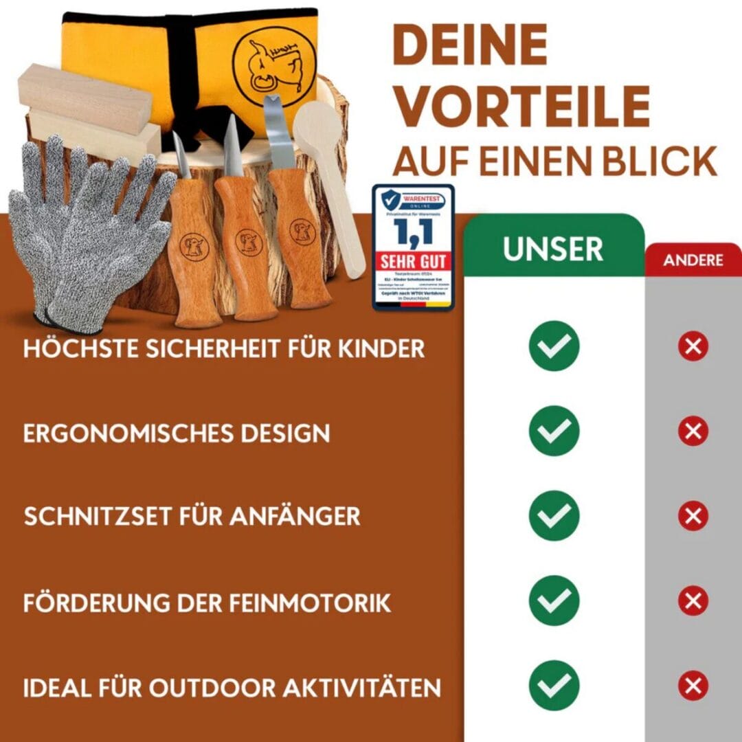 Schnitzmesser-Set für Kinder ab 6 Jahren: drei Messer, schnittfeste Handschuhe, Lindenholz zum Üben und wasserabweisende Tasche – alles in einem.
