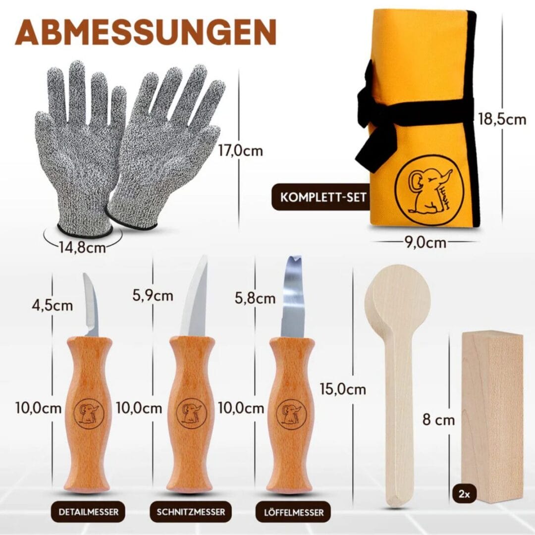 Schnitzmesser-Set für Kinder ab 6 Jahren: drei Messer, schnittfeste Handschuhe, Lindenholz zum Üben und wasserabweisende Tasche – alles in einem.