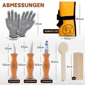 Schnitzmesser-Set für Kinder ab 6 Jahren: drei Messer, schnittfeste Handschuhe, Lindenholz zum Üben und wasserabweisende Tasche – alles in einem.