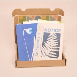 Cyanotypie-Postkarten-Set: 10 vorbereitete Postkarten für Sonnendrucke unterwegs. Nachhaltig verpackt, hergestellt in Frankreich. Ideal für die Ferien.